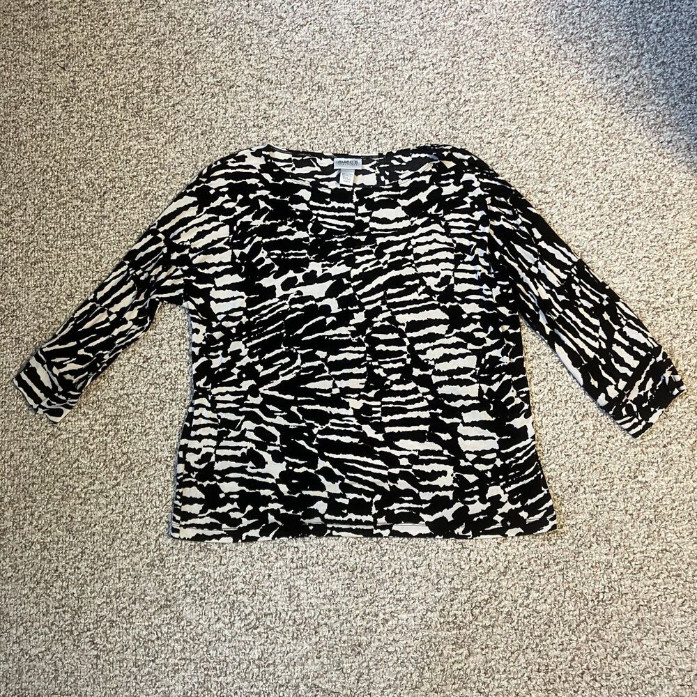 Chicos Travelers Womens Black and White Top Sz 3 XL Stretch Wrinkle-Free Dolman